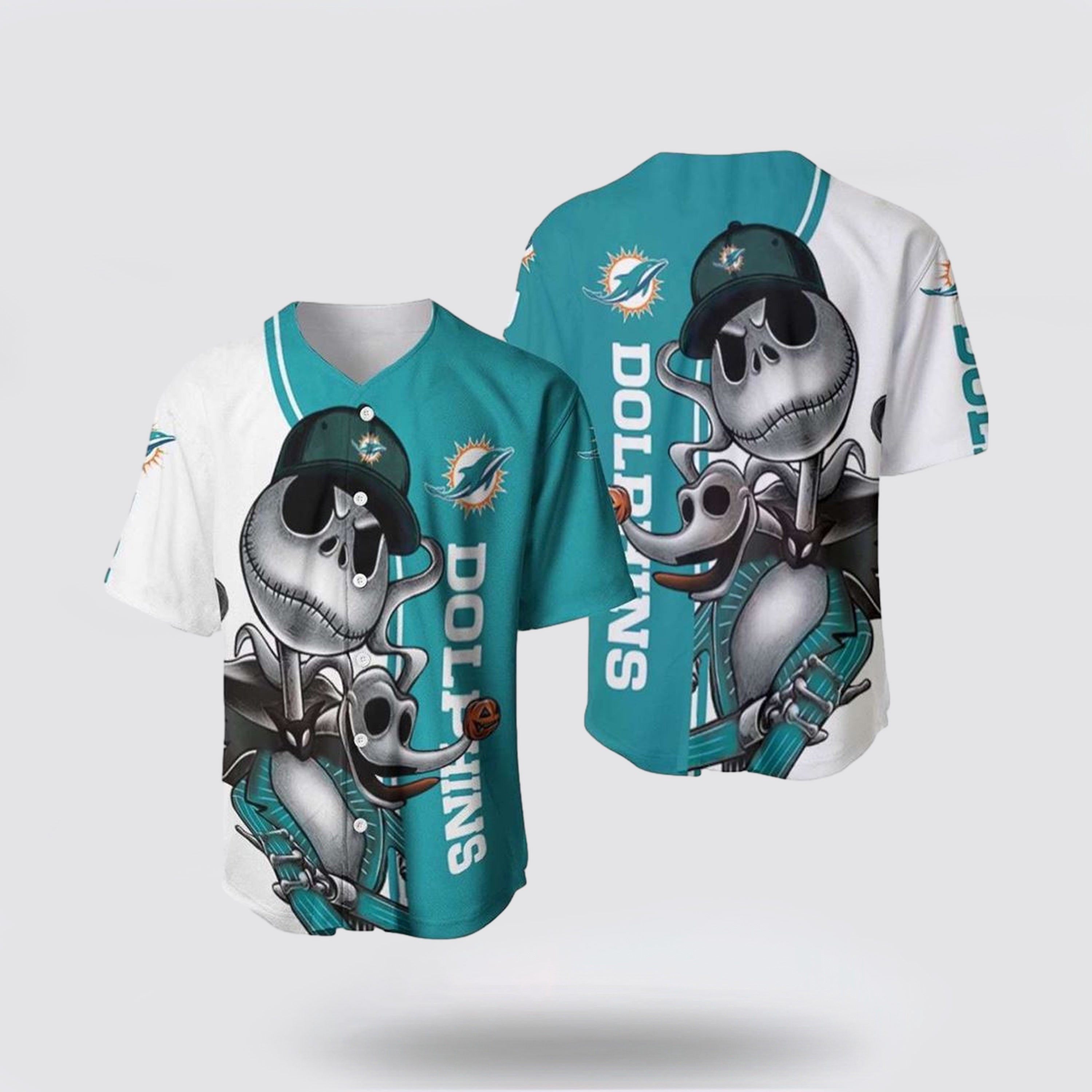 NFL Miami Dolphins Baseball Jersey Jack Skellington And Zero Perfect Your Team Pride In Laid Back Fashion