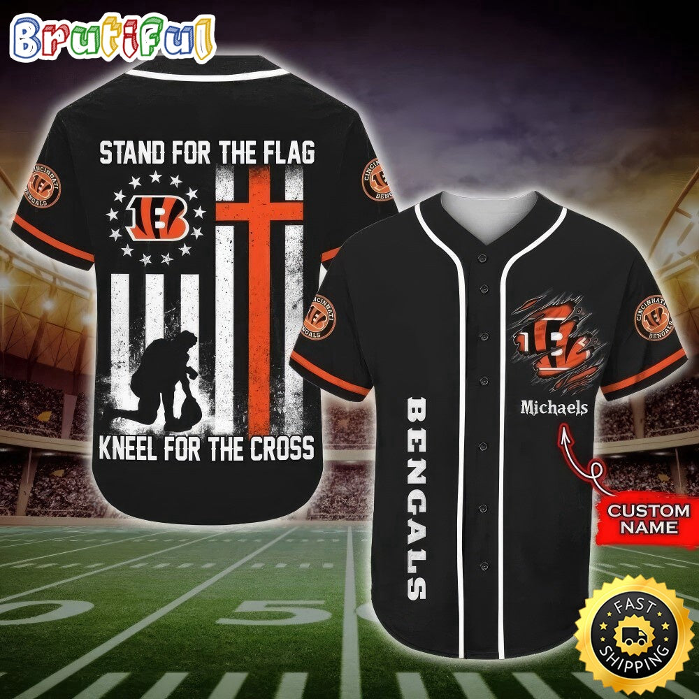 Personalized NFL Cincinnati Bengals Baseball Jersey Stand For The Flag Kneel For The Cross