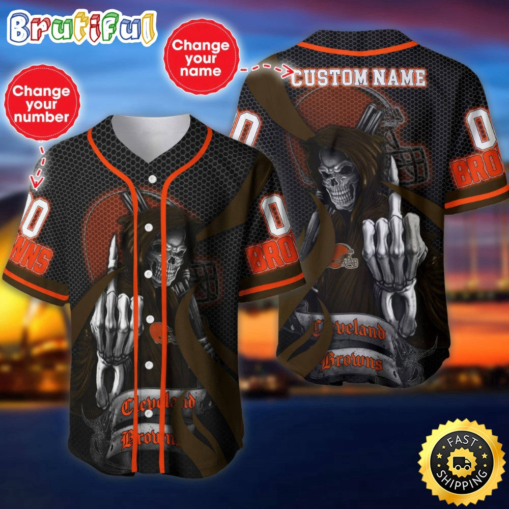 Personalized NFL Cleveland Browns Baseball Jersey Shirt The Reaper Art Skull