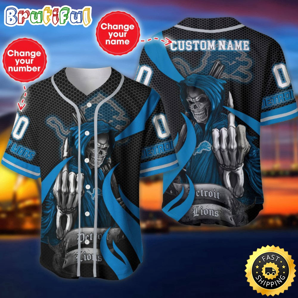 Personalized NFL Detroit Lions Baseball Jersey Shirt The Reaper Art Skull
