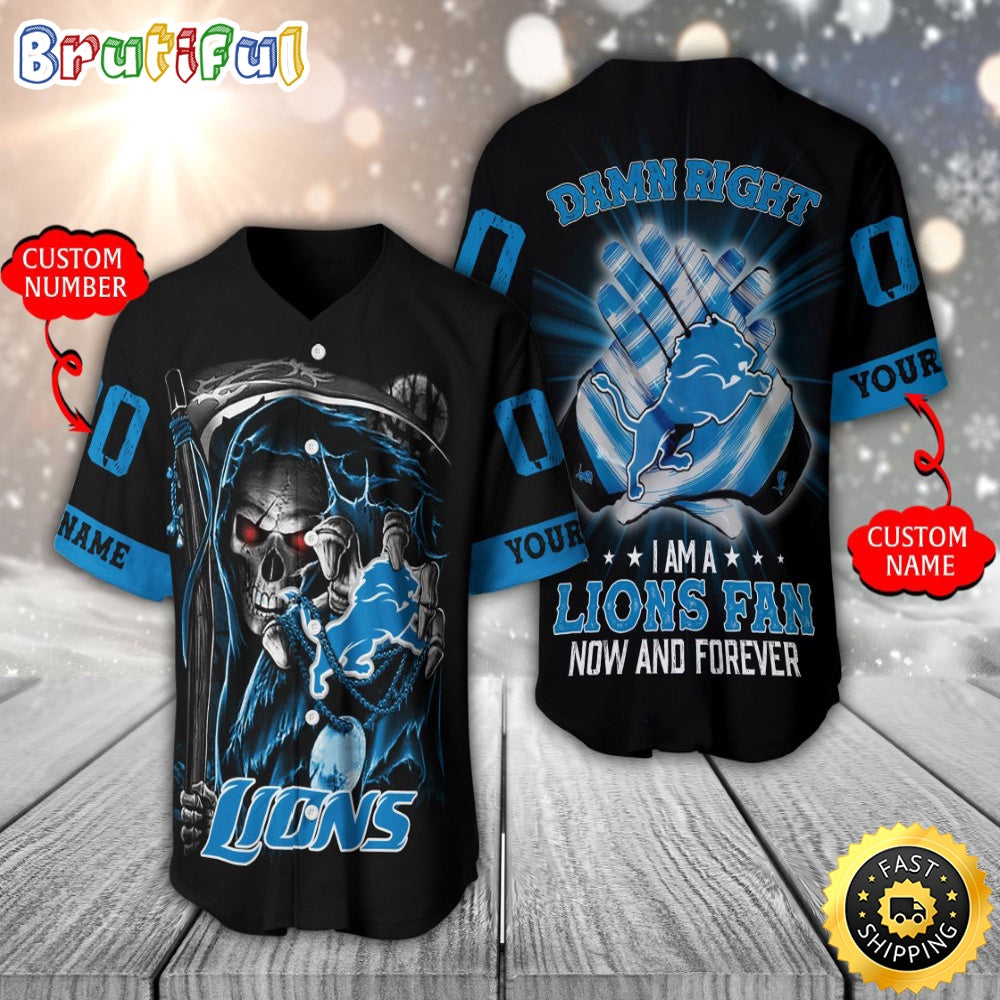 Personalized NFL Detroit Lions Baseball Jersey Skull Damn Right