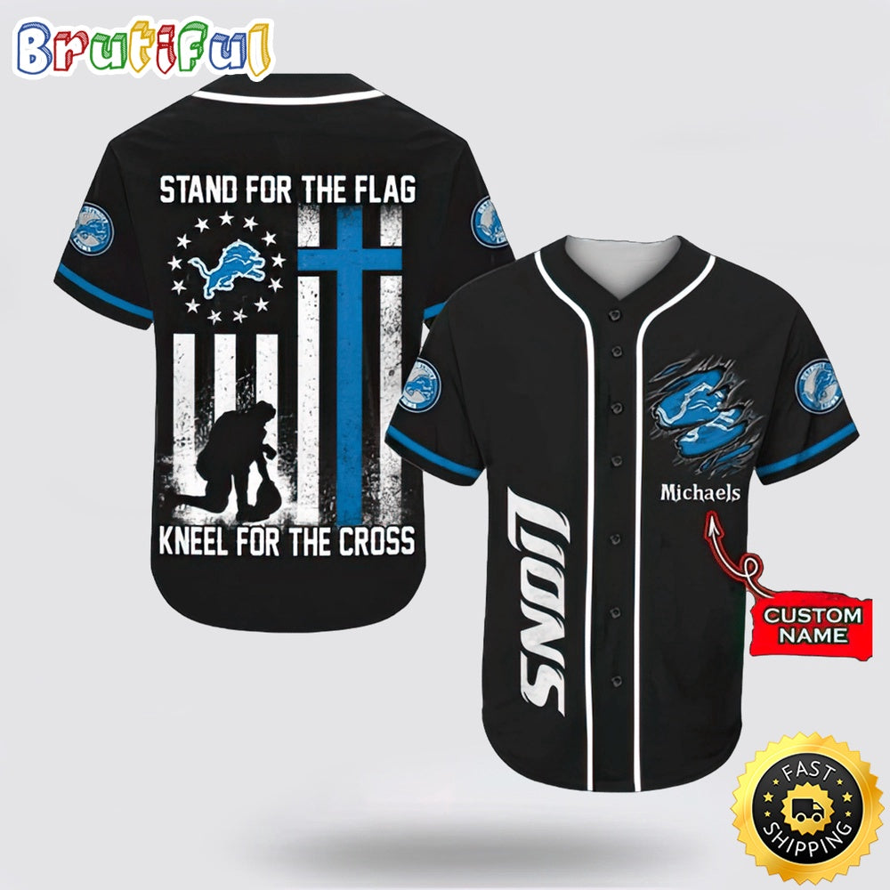 Personalized NFL Detroit Lions Baseball Jersey Stand For The Flag Kneel For The Cross