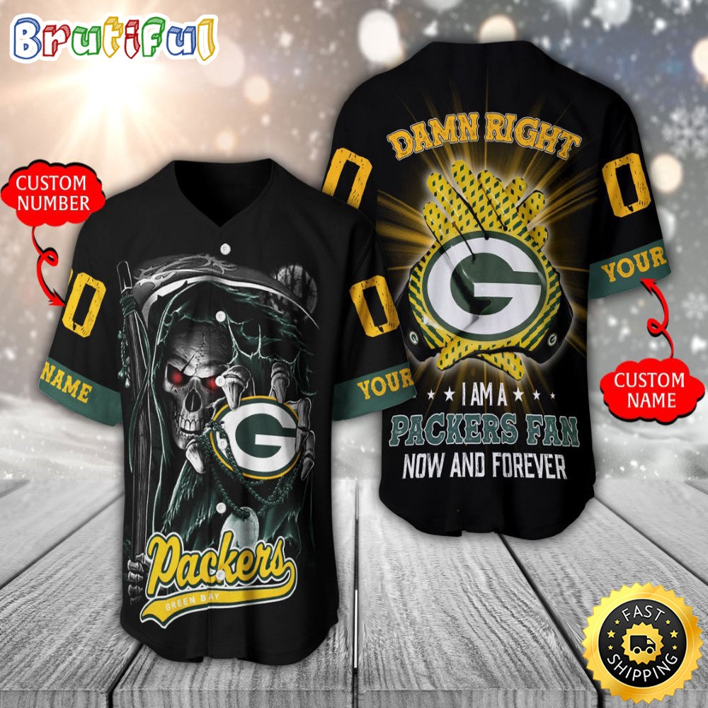 Personalized NFL Green Bay Packers Baseball Jersey Skull Damn Right