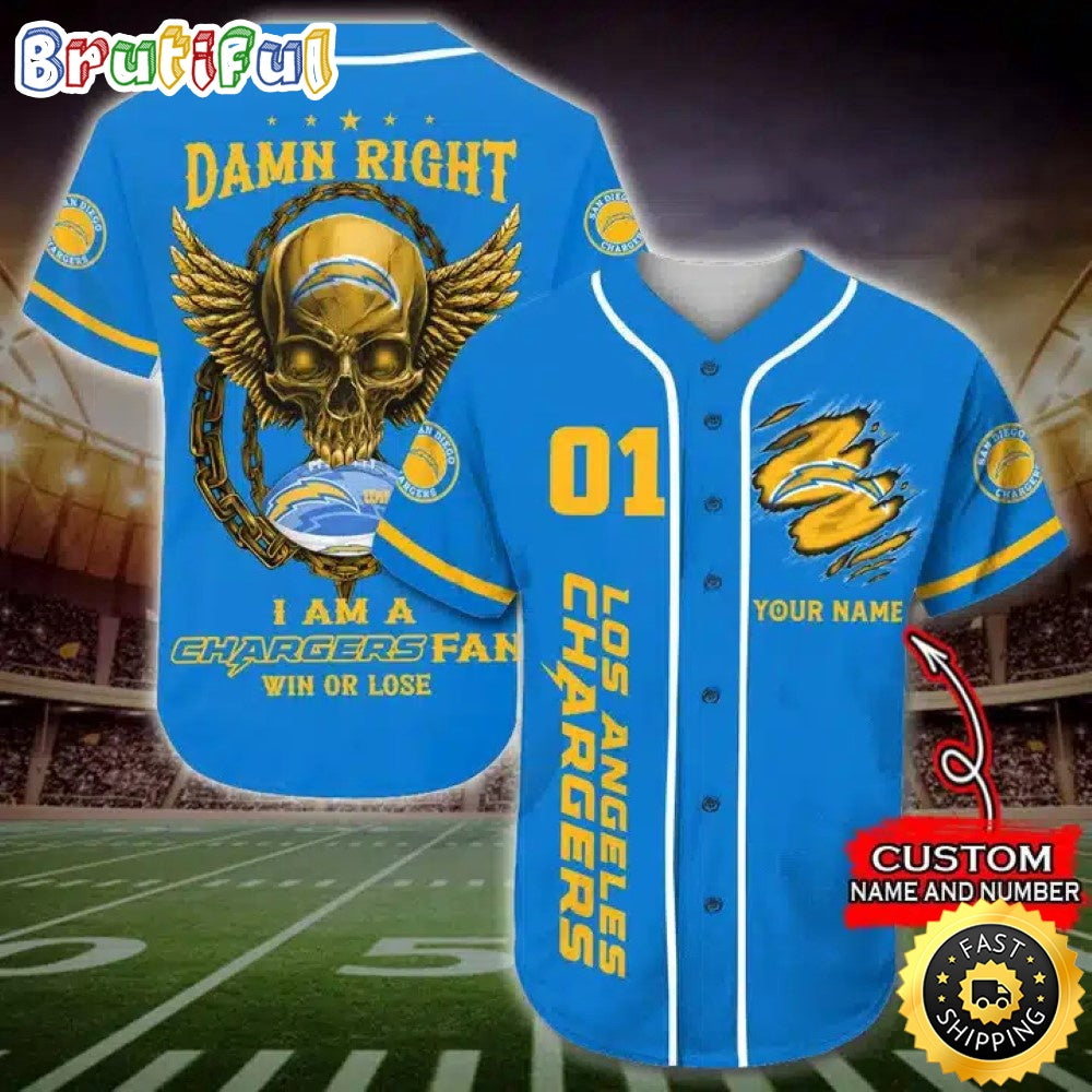 Personalized NFL Los Angeles Chargers Baseball Jersey Art Skull
