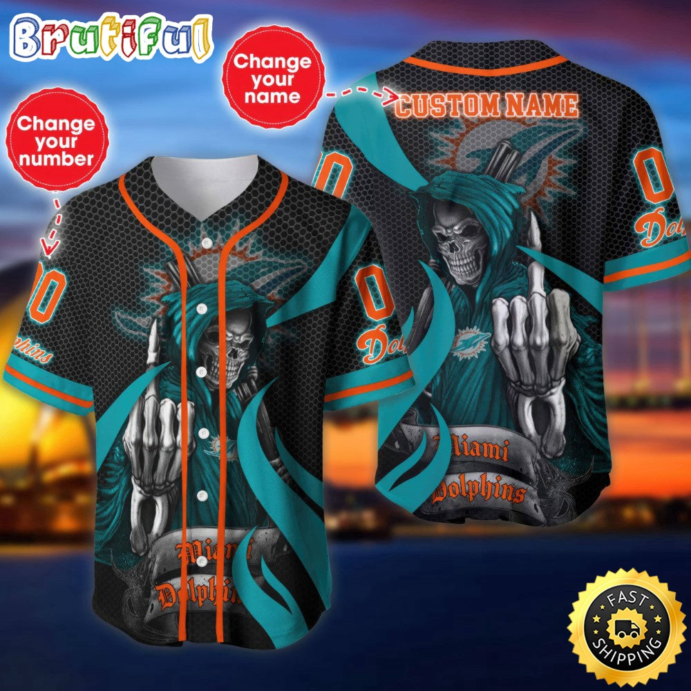 Personalized NFL Miami Dolphins Baseball Jersey Shirt The Reaper Art Skull