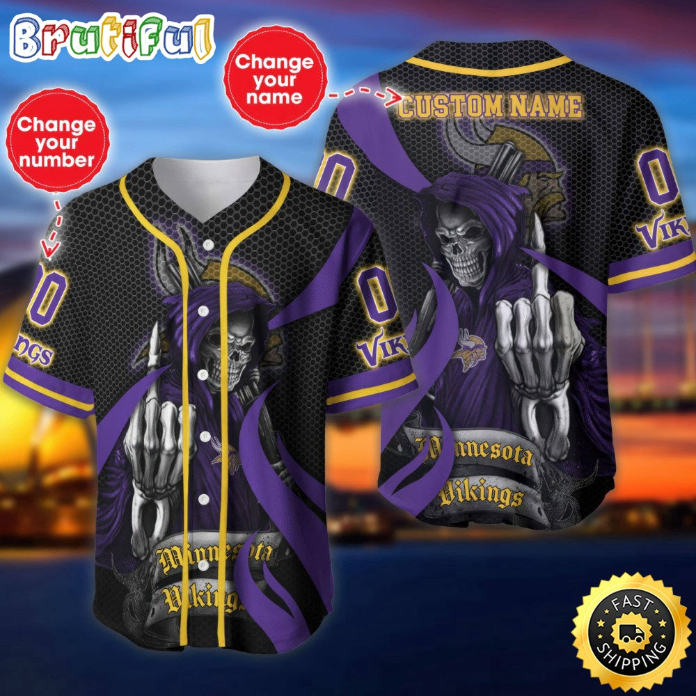 Personalized NFL Minnesota Vikings Baseball Jersey Shirt The Reaper Art Skull