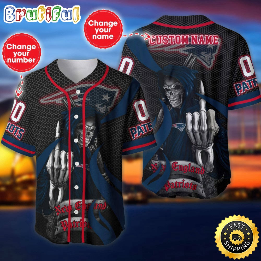 Personalized NFL New England Patriots Baseball Jersey Shirt The Reaper Art Skull