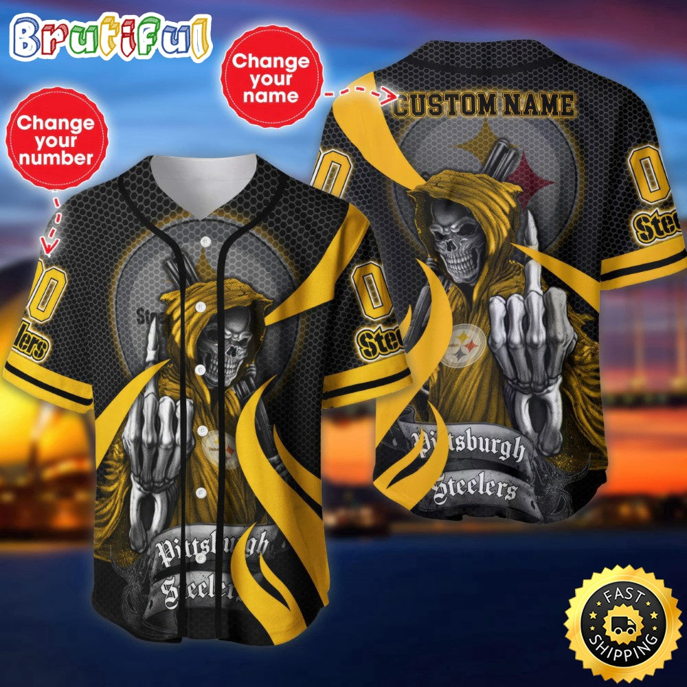 Personalized NFL Pittsburgh Steelers Baseball Jersey Shirt The Reaper Art Skull